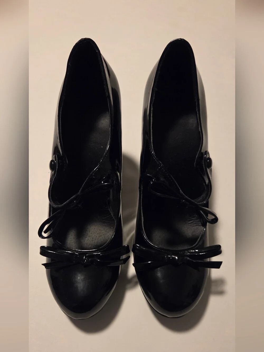 ​Black Patent Mary Jane Heels Women's Size M 7 8 Bow Costume Goth Cosplay GUC